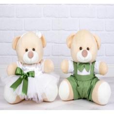 Casal ursos pelucia pajem verde daminha branca - detalhe verde. - CKD 