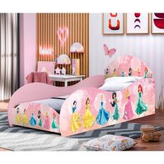 Conjunto Cama Solteiro Princesas Com Proteção Lateral Com Colchão Mdf - Rosa