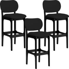 Kit 03 Banquetas Alta Para Cozinha Madeira Fixa Betta L02 Preto Facto Preto