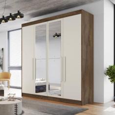 Guarda Roupa Solteiro Com Espelho 4 Portas 3 Gavetas - Nantes-braúna-off White - Móveis Europa