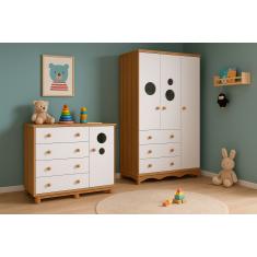 Guarda-Roupa Infantil Peroba Móveis Duda com 3 Portas, 3 Gavetas + Cômoda Duda Plus com 4 Gavetas