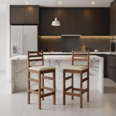 Kit Conjunto Banquetas Alta Estofada com Encosto Madeira Maciça Tecido