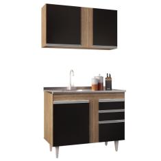 Armário Aéreo Indiana E Balcão Gabinete 100cm Com Pia Inox Luziania Castanho-preto - Lumil