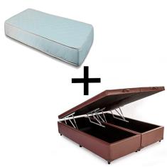 Cama Box Baú Queen 158 - Tecido Sintético Marrom com Colchão Munique Bello Box - 100% Espuma - D33 Branco 55x158x198