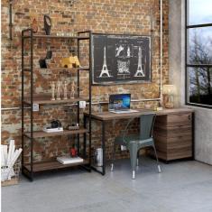 Conjunto Home Office Industrial 3 Peças 1 Escrivaninha 1 Estante e 1 Gaveteiro Kuadra Compace Nogal