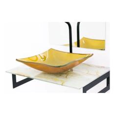 Gabinete De Vidro 50Cm Cuba Quadrada Mármore Branco Dourado