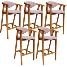 Kit 05 Banquetas Alta Para Cozinha Bancada Bar Sala De Jantar Fixa Cecília L02 Bouclê Rosê