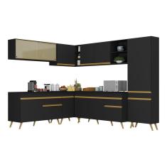 Armário de Cozinha Completa de Canto V2065 13 Portas 2 Gavetas MDF 210cm Preto Texturizado