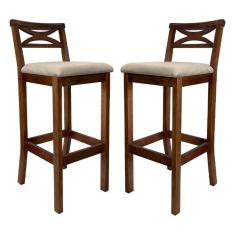 Kit 2 Banquetas Alta X Estofada 38x103Cm Ilha Encosto Madri Madeira Maciça Castanho Suede Bege CCS