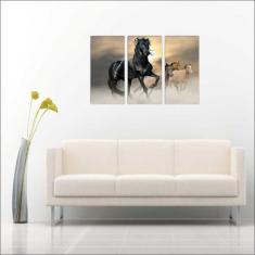 Quadro Decorativo Animais Cavalos Salas 3 peças Com Moldura - Vital Qu