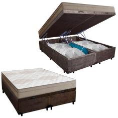 Cama Box Baú Casal Bipartido Suede + Colchão De Molas Ensacadas Portobel Ipanema 138x188x66cm Marrom