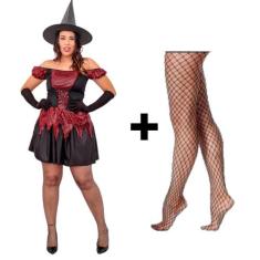 Fantasia Halloween Adulto Bruxa Vestido + Chapéu + Meia Arrastão Vesti