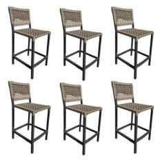 Kit 6 Banquetas França em Corda Náutica e Base em Alumínio Preta para 