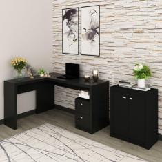 Conjunto Home Office 2 Peças 1 Mesa para Escritório em L com 1 Balcão Espresso Móveis Preto