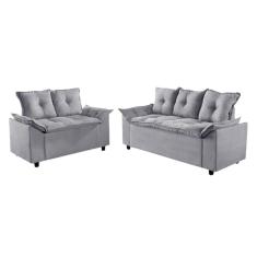 Conjunto Sofá Liones com 2 e 3 Lugares Almofadas Soltas e Tecido Suede Cor Cinza