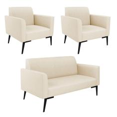 Sofá Namoradeira com 2 Poltronas Pés Villach Marisa Linho Bege A19 D03 - D`Rossi