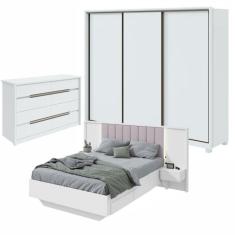 Quarto com Guarda-Roupa 3 Portas 6 Gavetas,  Cômoda Urban 8 Gavetas e Cama Solaris Branco