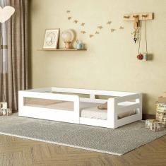 Cama Montessoriana Infantil Space Solteiro com Rattan e Grade de Segurança em Mdp Casatema Branco