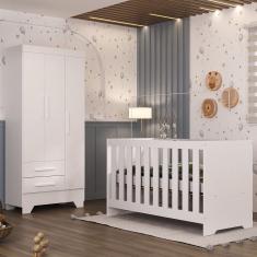 Quarto de Bebê com Guarda Roupa 3 Portas 2 Gavetas Berço 3 em 1 Catavento Maya Rodial
