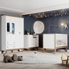 Quarto de Bebê Completo com Guarda Roupa 4 Portas Cômoda 3 Gavetas e Berço 3 em 1 Lola Henn