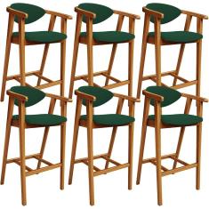 Kit 06 Banquetas Alta Cecília L02 Assento Tecido Base Fixa com Encosto 70 cm Verde para Cozinha e Bar