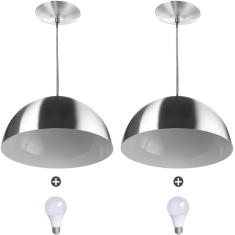 2 Lustres Pendente Meia Lua 40cm Alumínio Escovado + Lampada