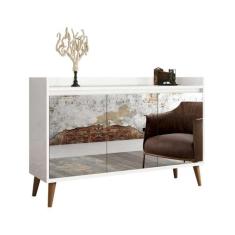 Balcao Buffet Retrô com Espelho Delta 3 Portas Branco Gloss - MoveisAq
