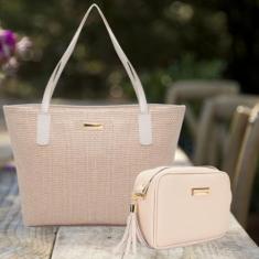 Bolsa Feminina Kit Com 2 peças Sacola Palha e Quadrada Básica  Verão -