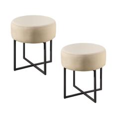 Conjunto - 2 Puffs Banqueta Otávio Base Metálica Preta Luxo Veludo Bege Claro