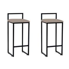 kit 2 Banquetas Alta Bistro Bar Aço Preto Assento Suede Bege - Conveni
