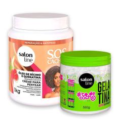 Kit Creme De Pentear Salon Line Rícino e Queratina 1kg e Gelatina Salon Line 550g