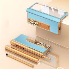 Caixa de metal com suporte de aço inoxidável para Samsung Galaxy Z Fold 4 3 2 5 com caneta Amortecedor de alumínio 360 Capa de dobradiça de proteção total, couro azul dourado, para Galaxy Z