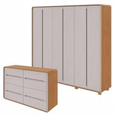 Conjunto de Guarda-Roupa Casal Loop 6 Portas com Pés e Cômoda 8 Gavetas 152x48x96cm Loop  Amêndoa Clean/Off White