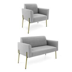 Sofá Namoradeira E Poltrona Pé De Ferro Dourado Marisa Suede Cinza D03