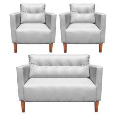 Kit 1 Sofá Namoradeira E 2 Poltronas Livia Corino Pés Chanfrado Castanho D`rossi Cor Branco