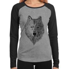 Baby Look Raglan Lobo Mandala Manga Longa - Foca na Moda, Cinza, Preto