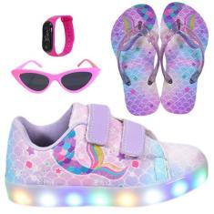 Tênis Infantil De Led Feminino Casual Desenho Sereia +Chinelo+Óculos+R