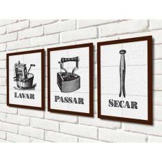 Quadros para Lavanderia - Lavar, Secar, Passar - Quadro Novo, Marrom, 