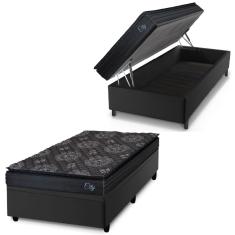Cama Box Baú Solteiro City com Colchão Molas Ensacadas Suede 88x188x64cm Preto Hellen Estofados e Colchões