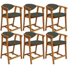 Kit 06 Banquetas Baixa Para Cozinha Sala Jantar Bancada Cecília L02 Linho Verde Musgo - Lyam Decor