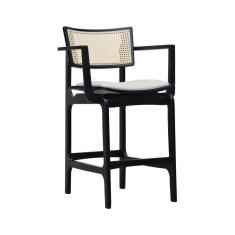 Banqueta Alta Bistrô Apollo Com Braços Encosto Telinha Natural E Assento Anatômico - Preto Estofado Corano Bege