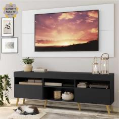 Rack c/ Painel e Suporte TV 65&quot; Preto/Branco Londres Multimóveis Pés Retrô Natural