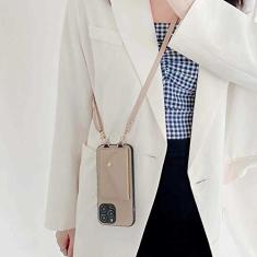 Capa tipo carteira com bolso transversal para cartão para iPhone 11 12 13 14 Pro Max X XR XS Max 7 8 Plus Alça de couro capa traseira, cáqui, para iPhone14