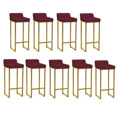 Kit 09 Banqueta Alta Mia Com Encosto Cozinha Bistrô Bar Balcão Ferro Dourado Suede Bordô - Ahazzo Móveis