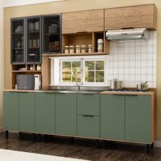 Cozinha Modulada Toscana 5 Peças Mdf com Aéreo 1200 Porta de Vidro e Paneleiro Freijó/jade