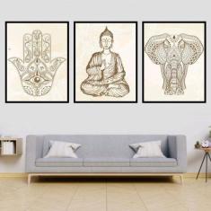Kit 3 Quadros Decorativos Buda Zen Hamsa E Elefante 34x23cm