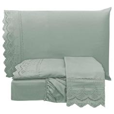 Jogo De Cama Lençol Realce Queen 4 Peças Percal 300 Fios Bordado Inglês Macio - Cinza Chumbo