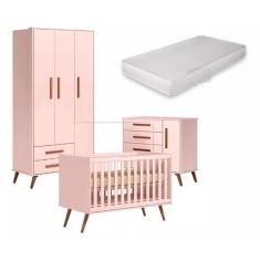 Quarto Completo De Bebê Encanto Retrô Rosa Bebê Berço Com Colchão Espuma D-18 - Móveis Leartam