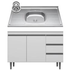 Balcão de Cozinha Com Pia Inox 100cm 3 Gavetas Andréia Branco - AJL Móveis