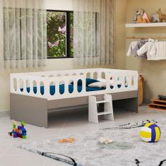 Cama Infantil Lara Solteiro Com Escadinha Branco E Cinza - Baby Mobília